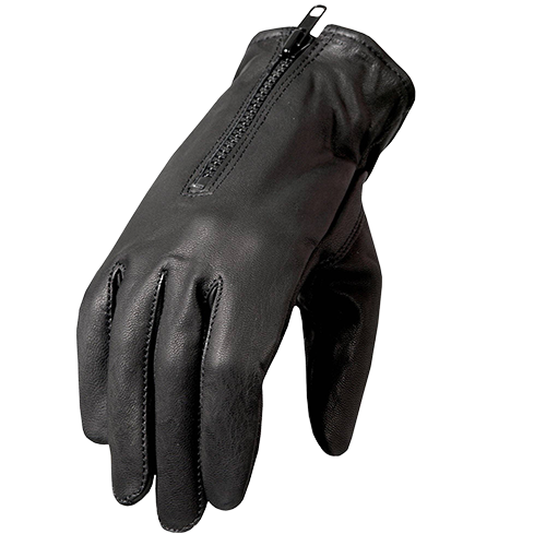 A single black leather glove with a zipper closure at the cuff.