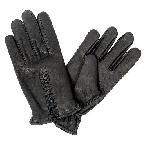 A pair of black leather gloves with a zippered wrist closure.