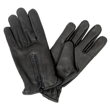 A pair of black leather gloves with a zippered wrist closure.