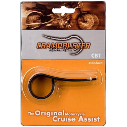 Crampruster motorcycle cruise assist on packaging with motorcycle image in the background