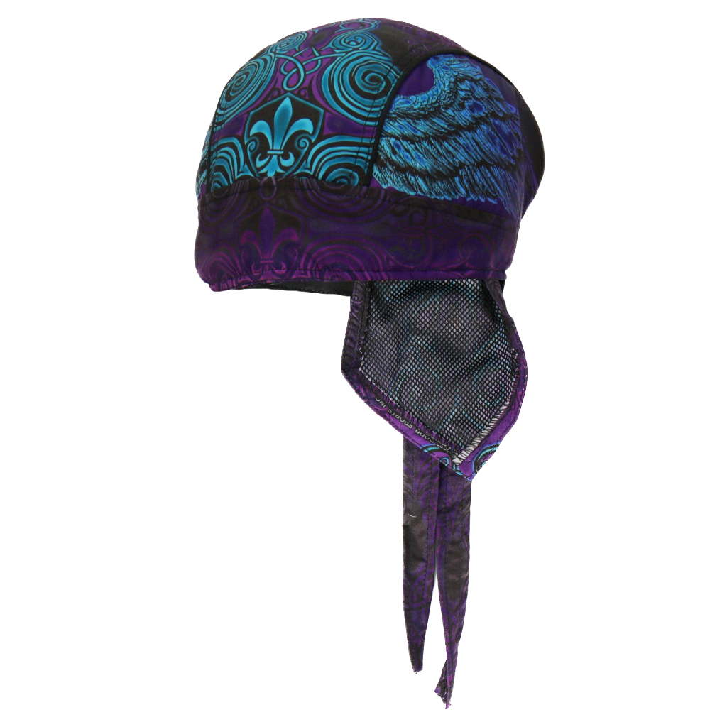 Motorcycle Headwrap With Cross And Fleur De Lis Design Angled View