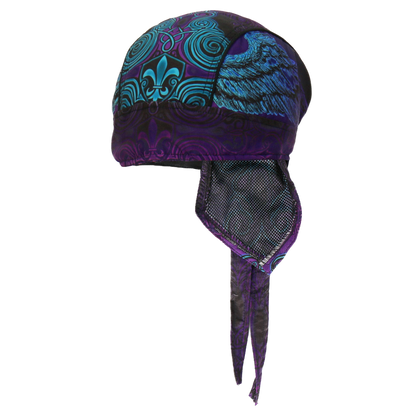 Motorcycle Headwrap With Cross And Fleur De Lis Design Angled View