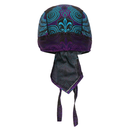 Motorcycle Headwrap With Cross And Fleur De Lis Design Front View