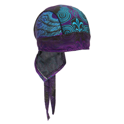 Motorcycle Headwrap With Cross And Fleur De Lis Design Angled View