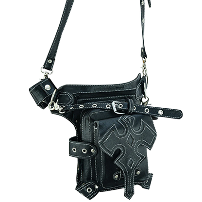 Black Leather Cross Front Thigh Pack For Motorcycle Riders