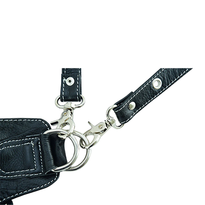 Black leather multi-wear bag with metal clip and straps