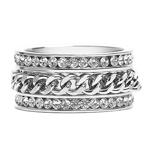 Stainless steel chain ring with crystal CZ accent rows