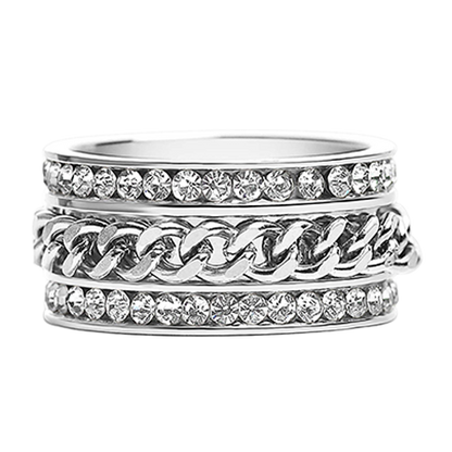 Stainless steel chain ring with crystal CZ accent rows