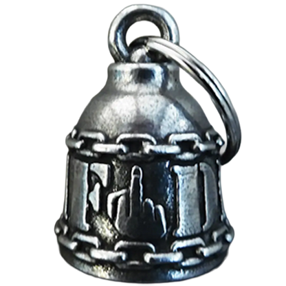 Silver bell-shaped charm with 'DILLIGAF'  initials wraped around it.