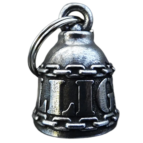 Silver bell-shaped charm with 'DILLIGAF'  initials wraped around it.