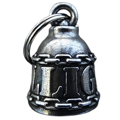 Silver bell-shaped charm with 'DILLIGAF'  initials wraped around it.