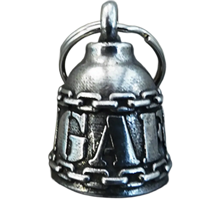 Silver bell-shaped charm with 'DILLIGAF'  initials wraped around it.