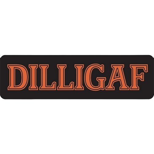 A black helmet sticker with the text 'DILLIGAF' in bold orange letters