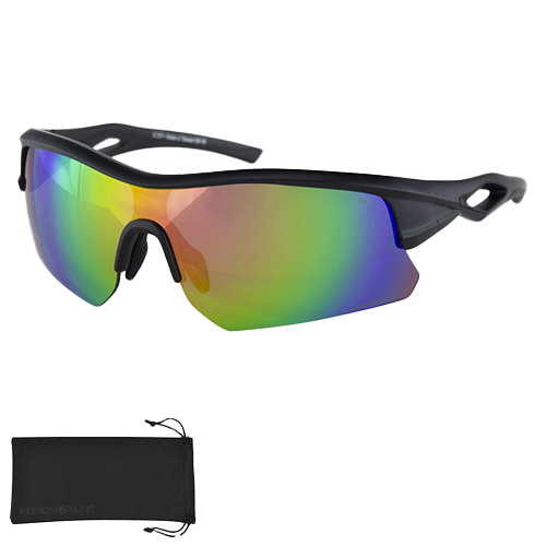 A pair of matte black frame sunglasses with REVO mirrored lenses, displayed next to a black microfiber pouch.