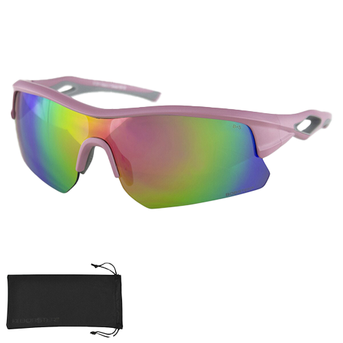 A pair of pink-framed sunglasses with mirrored REVO lenses and a lightweight grilamid TR90 frame, displayed above a black microfiber pouch.