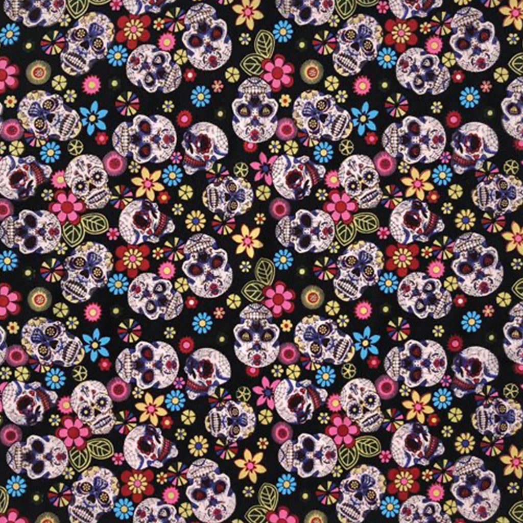 A bandana with a Day of the Dead skull and floral pattern on a black background.