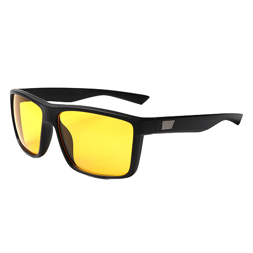 Daybreak black flat-top square sunglasses with bright yellow lenses shown at an angle