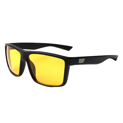 Daybreak black flat-top square sunglasses with bright yellow lenses shown at an angle