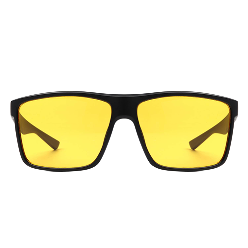 Daybreak black flat-top square sunglasses with bright yellow lenses shown from the front
