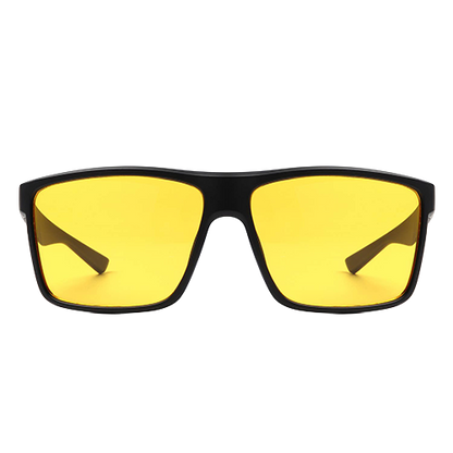 Daybreak black flat-top square sunglasses with bright yellow lenses shown from the front