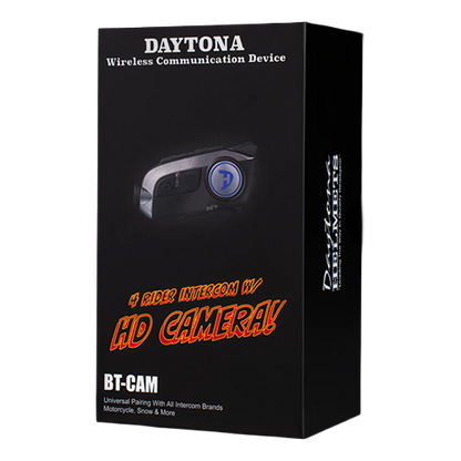 Box packaging for Daytona Wireless Communication Device with HD Camera, showcasing the product and its key feature of 4 rider intercom with HD camera.