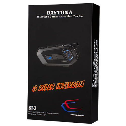 Packaging for Daytona Helmets Universal 8 Rider Intercom Bluetooth System with the product visible through a clear window, featuring a black color theme with blue accents and text.