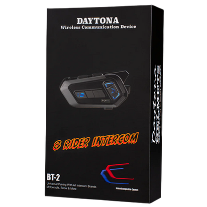 Packaging for Daytona Helmets Universal 8 Rider Intercom Bluetooth System with the product visible through a clear window, featuring a black color theme with blue accents and text.