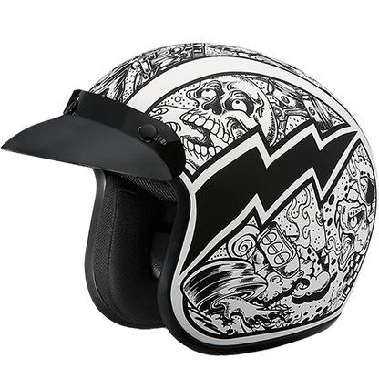 A white motorcycle helmet with a visor, featuring a graffiti design that includes geometric patterns and stylized graphics.