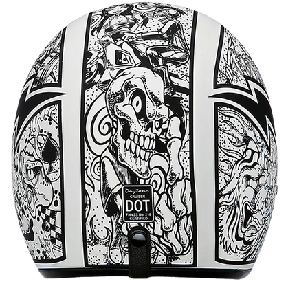Daytona Cruiser helmet with graffiti design, quick-release strap, and goggle strap holder.