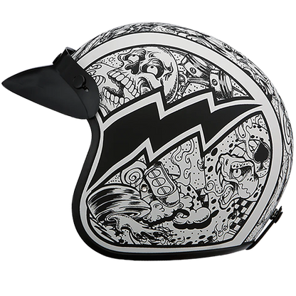 Artistic motorcycle helmet with graffiti graphics and removable gloss black visor.