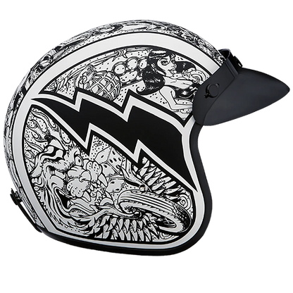 Artistic motorcycle helmet with graffiti graphics and removable gloss black visor.