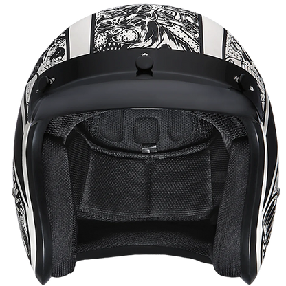 Daytona Cruiser helmet with graffiti design, quick-release strap, and goggle strap holder.