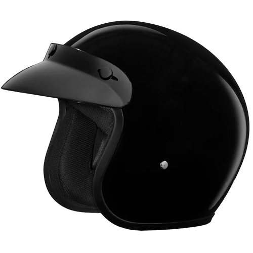 A hi-gloss black 3/4 shell motorcycle helmet with a snug fit, featuring a visor and a chin strap.