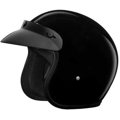 A hi-gloss black 3/4 shell motorcycle helmet with a snug fit, featuring a visor and a chin strap.