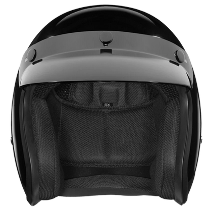 Compact low-profile DOT 3/4 helmet with gloss finish and included visor.