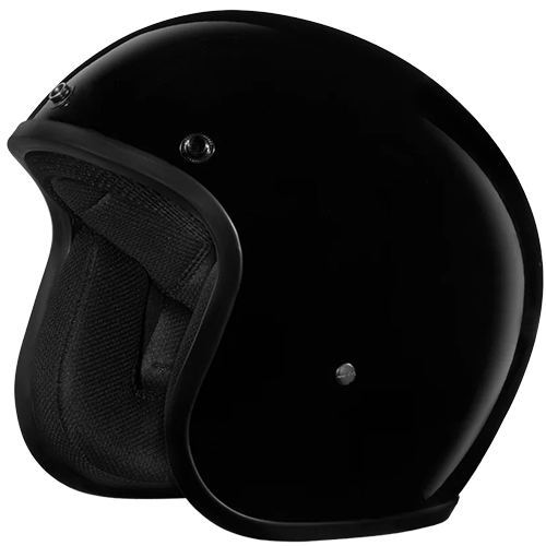 A small 3/4 motorcycle helmet in hi-gloss black with DOT approval and bubble visor.