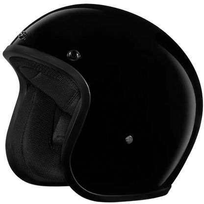 A small 3/4 motorcycle helmet in hi-gloss black with DOT approval and bubble visor.