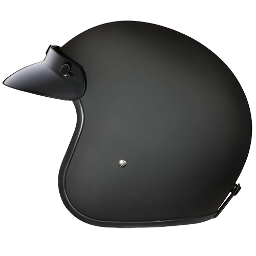 A dull black 3/4 motorcycle helmet with bubble visor and D.O.T. certification.