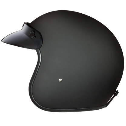 A dull black 3/4 motorcycle helmet with bubble visor and D.O.T. certification.