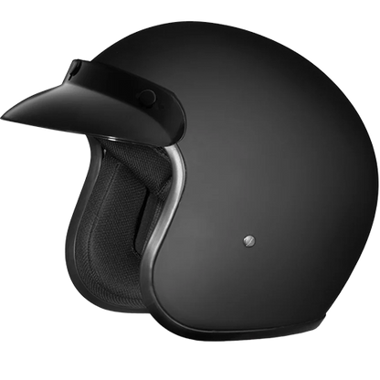 A dull black 3/4 motorcycle helmet with bubble visor and D.O.T. certification.