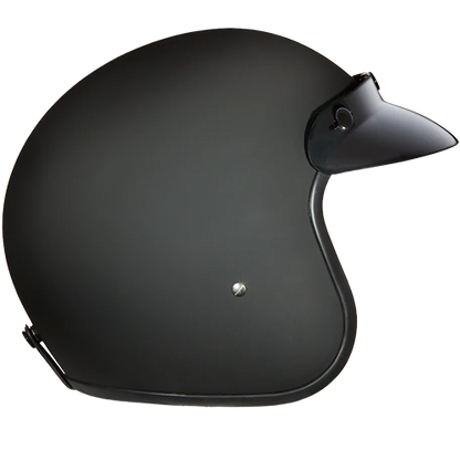Low-profile black motorcycle helmet with moisture-wicking liner and nickel rivets.
