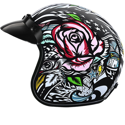 A graffiti-themed 3/4 motorcycle helmet with colorful tribal design and removable visor.