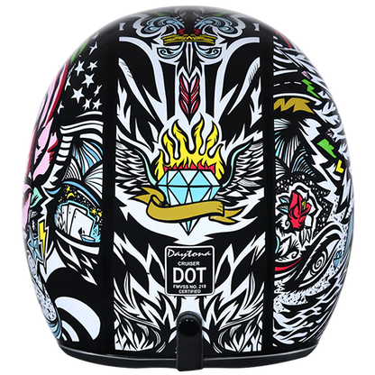 Daytona Cruiser Tribal Graffiti helmet featuring gloss lacquer finish and D.O.T. certification.