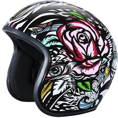 Daytona 3/4 helmet with graffiti artwork, goggle strap holder, and included bubble visor.