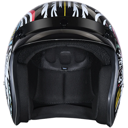 Artistic black and white motorcycle helmet with colorful accents and quick-release strap.