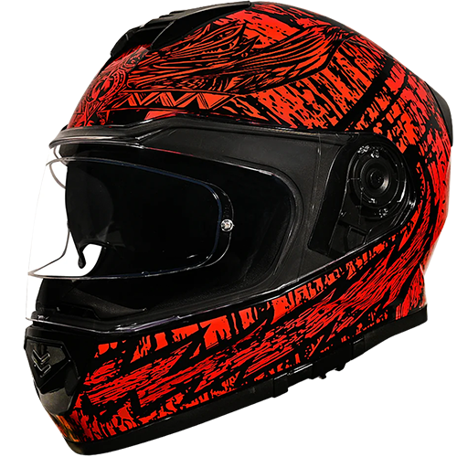 A full face motorcycle helmet with a black and red geometric pattern design, featuring a clear visor and a strap for securing the helmet.