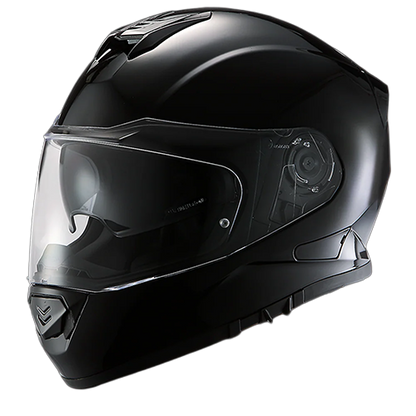 Shiny black motorcycle helmet with Bluetooth compatibility and moisture-wicking liner.