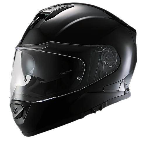 Shiny black motorcycle helmet with Bluetooth compatibility and moisture-wicking liner.