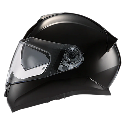 Shiny black motorcycle helmet with Bluetooth compatibility and moisture-wicking liner.