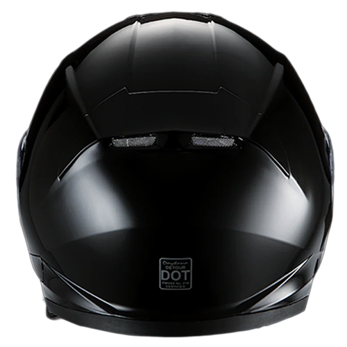 A hi-gloss black full-face motorcycle helmet with dual shields and DOT certification.